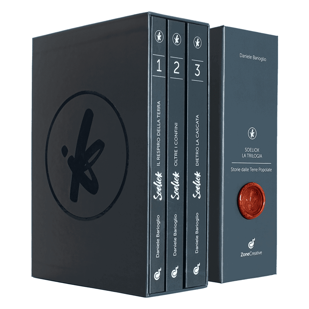 cofanetto con trilogia libri di Soeliok fronte e retro del cofanetto di Soeliok con sigillo in ceralacca rosso